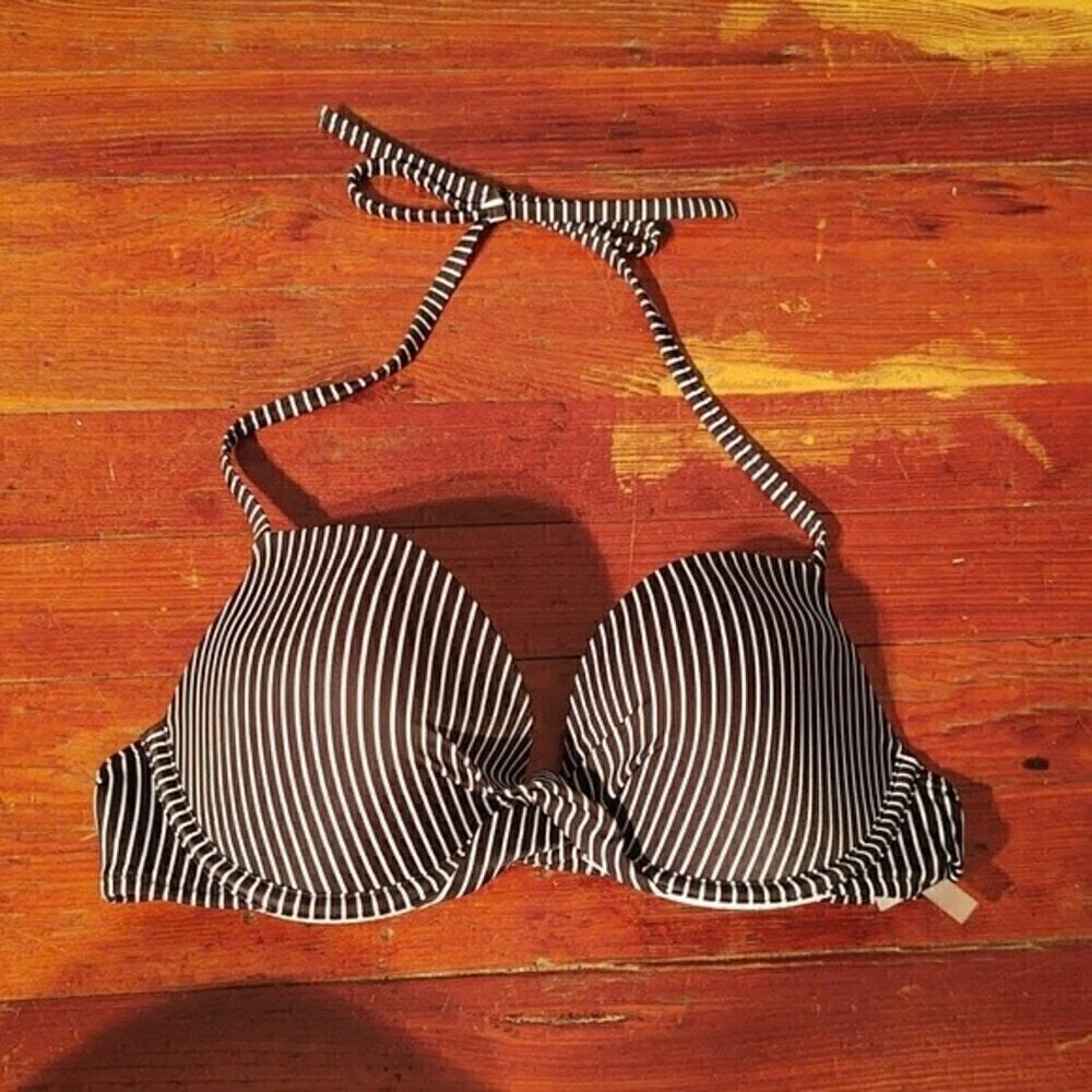 Shade & Shore Black and White Vertical Stripes Underwire Bikini Top Sz 34C